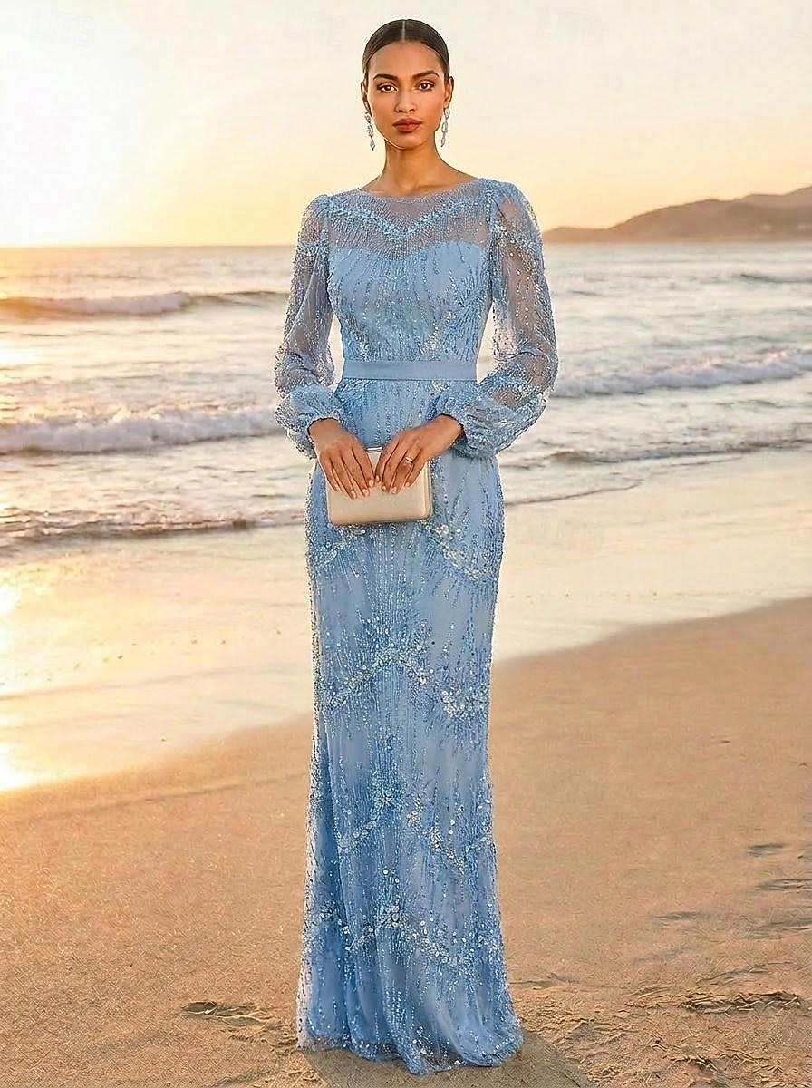 Ołówkowa Kolumnowa Sięgająca podłoża Suknia wieczorowa Elegancja Błyszczące Wieczór Empire Waist Długi rękaw Półgolf Wieczorna impreza Ślub Tiul Szarmeza z Brokat Cekin Haft koralikowy 2026 - $194.99 –P1