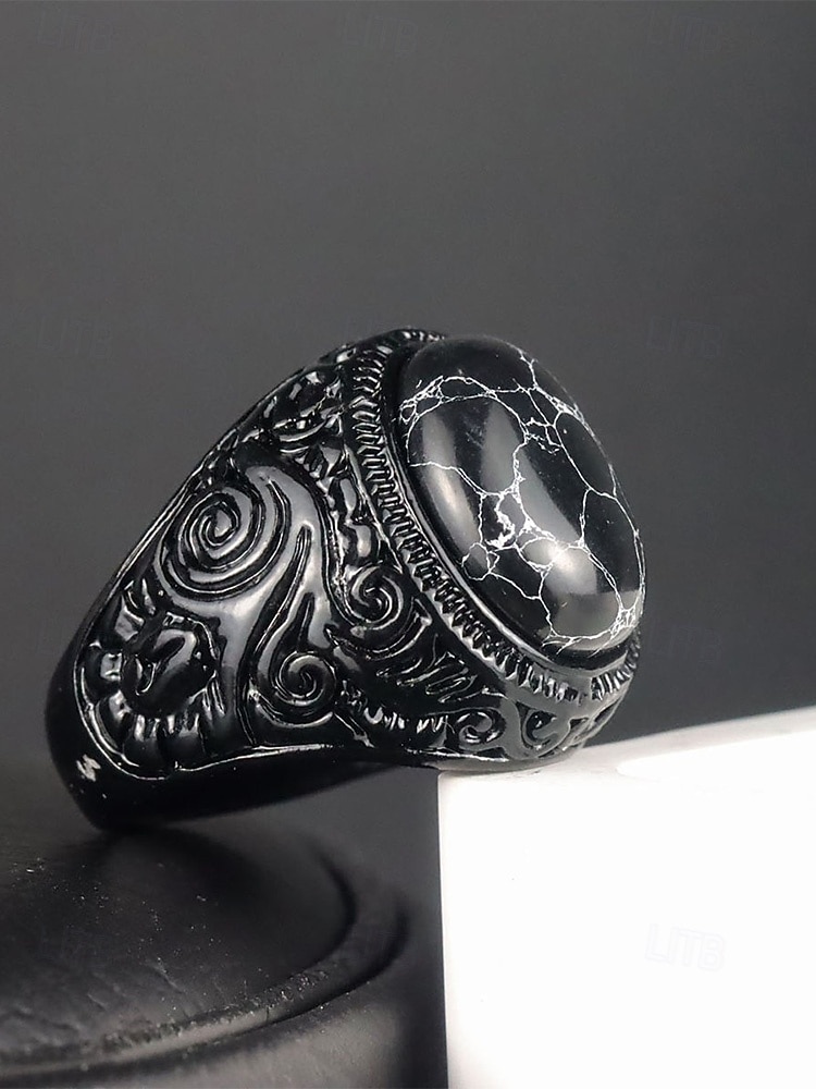 Anello da uomo vintage con pietra occhio di tigre, fascia in lega nera incisa, anello di tendenza in stile etnico bohémien, gioiello maschile per i viaggi estivi, casual &abbigliamento da festival del 2026 a $7.99 –P7