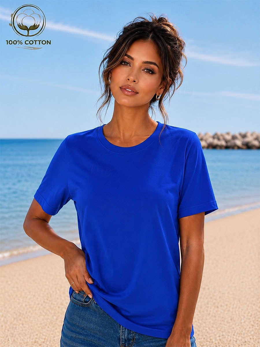 Women's T Shirt Summer Tops Cotton Shirt Tee Top Solid Color Fashion Stylish Basic Short Sleeve Crew Neck Round Neck Regular Tops Casual Daily Beach Blue Khaki Indigo Green with beige Black Summer 2026 - $19.99 –P9