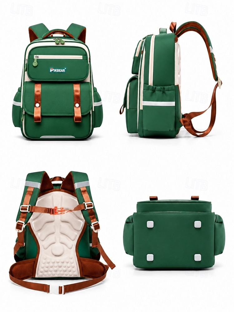 Kids School Backpack, Waterproof Polyester Large Capacity Bookbag with Multiple Compartments, Adjustable Straps, Breathable Back Panel, Reflective Safety, Green Beige for Boys and Girls Back to School 2026 - $32.99 –P4