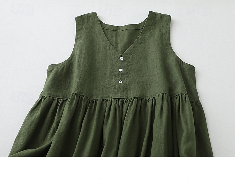نسائي فستان ميدي 100% Cotton عتيق مناسب للبس اليومي فضفاض صالح سهل بدون كم V رقبة هيذر أخضر عسكري الصيف الربيع 2026 - $18.49 –P3