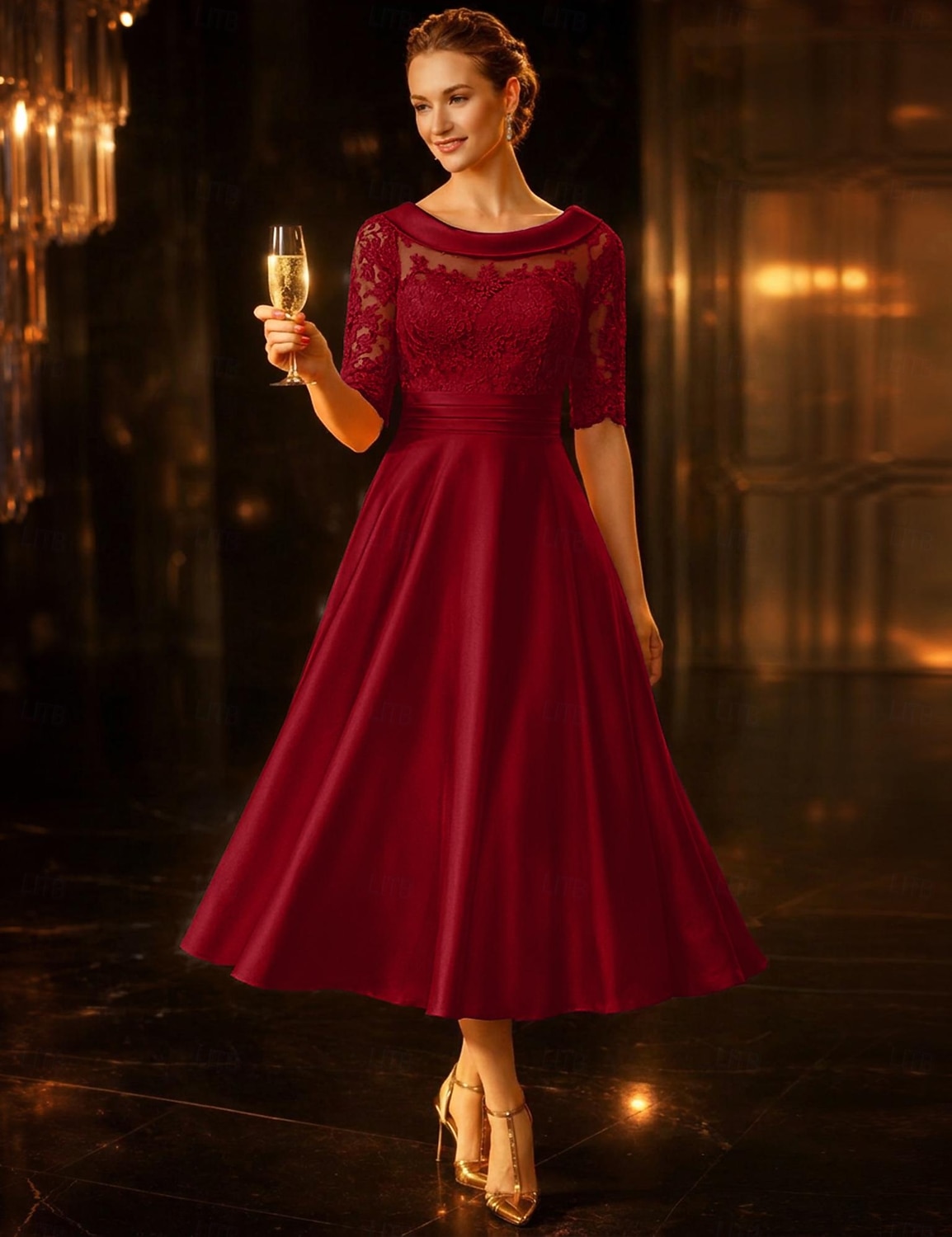 Linha A Longuette Vestido de festa Vestido Coquetel Vestido de convidada de casamento Vestido Para Mãe dos Noivos Meia Manga Scoop pescoço Elegante Vintage Convidado do casamento Cetim Renda com de 2026 por $114.99 –P9