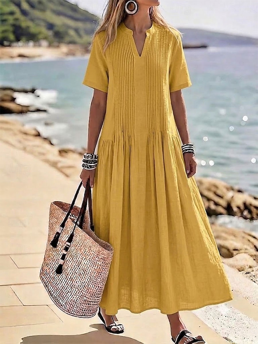 Mulheres Vestido Longo Vestido casual Vestido de linho de algodão Elegante Férias à moda Ajuste Largo Tecido Manga Curta Decote V Azul Amarelo Claro Verde Sage Verão Primavera de 2026 por $37.99 –P2