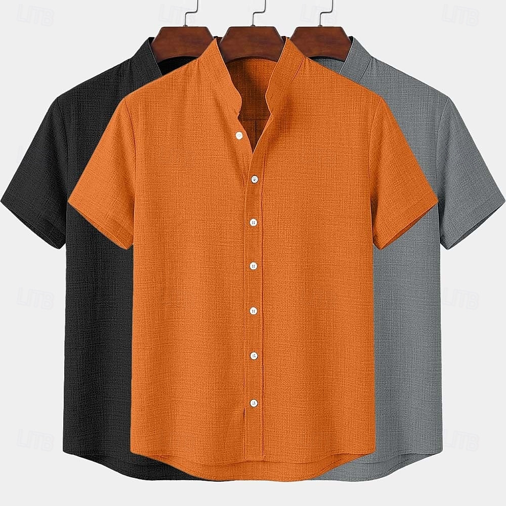 Men Shirt Linen Shirt Summer Shirt Band Collar Shirt Button Up Shirt Plain Casual Daily Black+White+Gray Black+Blue+Gray White+Gray+Blue Orange+Gray+Black Short Sleeve Stand Collar Summer Clothing 2026 - $45.99 –P10