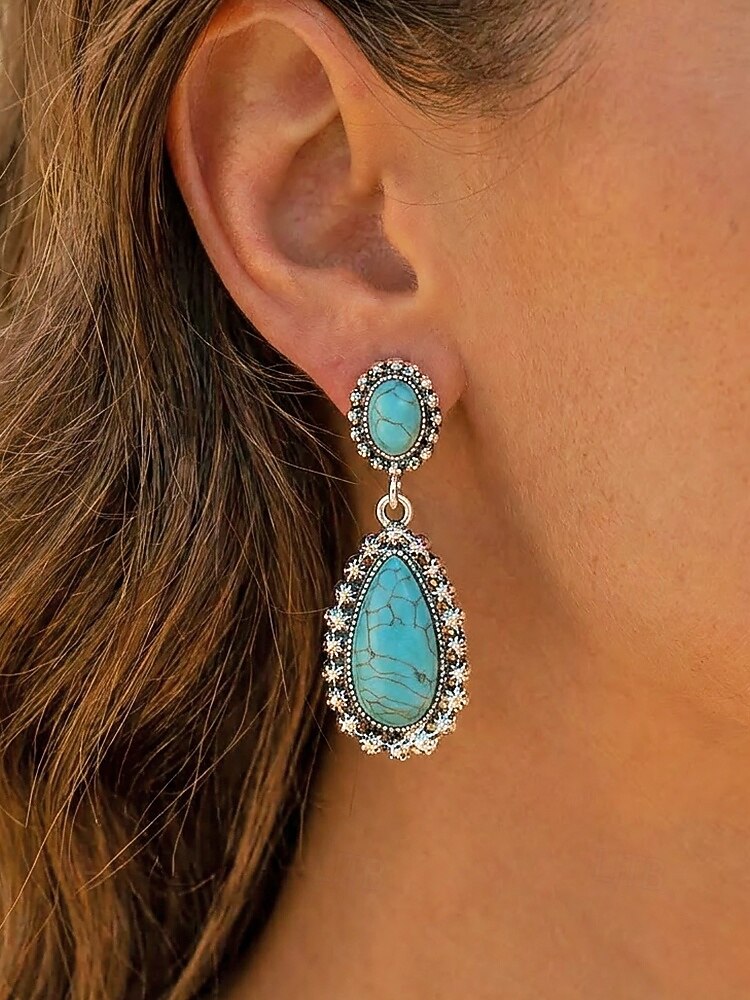Women's Boho Teardrop Turquoise Earrings, Vintage Alloy Drop Earrings, Western Southwestern Statement Jewelry, Summer Fashion Gift for Her 2026 - $9.99 –P3