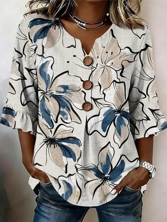 Femmes Chemise Patchwork Boutons Imprimé A Ombre Graphique ancien Élégant Manche 3/4 Col en V Hauts Longs Occasionnel Quotidien Fête Bleu Marron Beige Grise Été Printemps de 2026 ? $26.99 –P6
