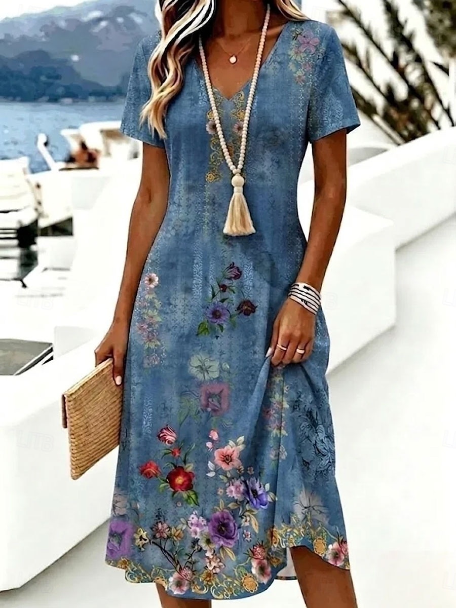 Femmes Robe Longueur Genou Robe T-Shirt Robe trapèze Vacances Occasionnel Boho Plage Coupe régulière Fleuri Graphique Manche Courte Col en V Bleu Blanche Violet Été Printemps de 2026 ? $25.99 –P3