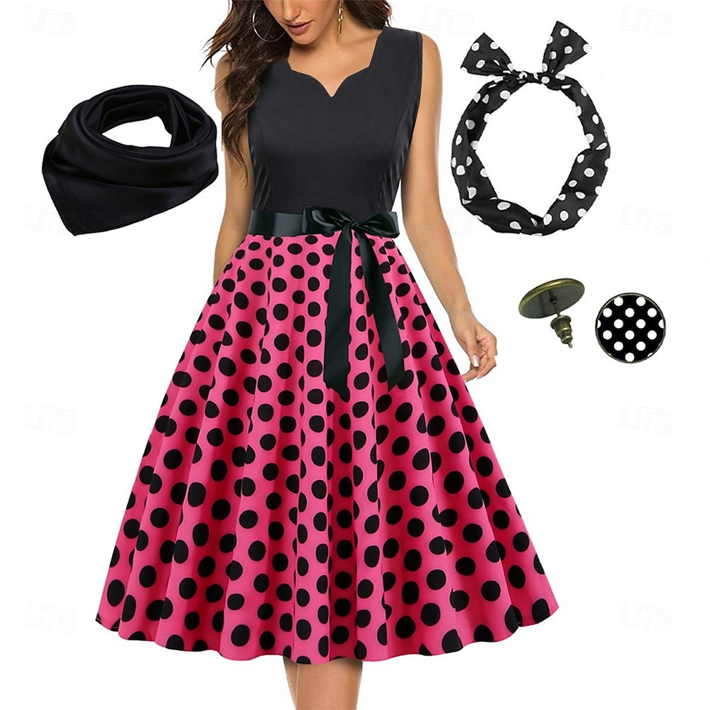 Années 1950 Rétro Vintage Rockabilly Robe trapèze Robe Évasée Pois Déguisement Femmes Fête / Soirée Enterrement de Vie de Jeune Fille Adulte Robe Bandeau Robes de soirée de 2026 ? $33.99 –P5