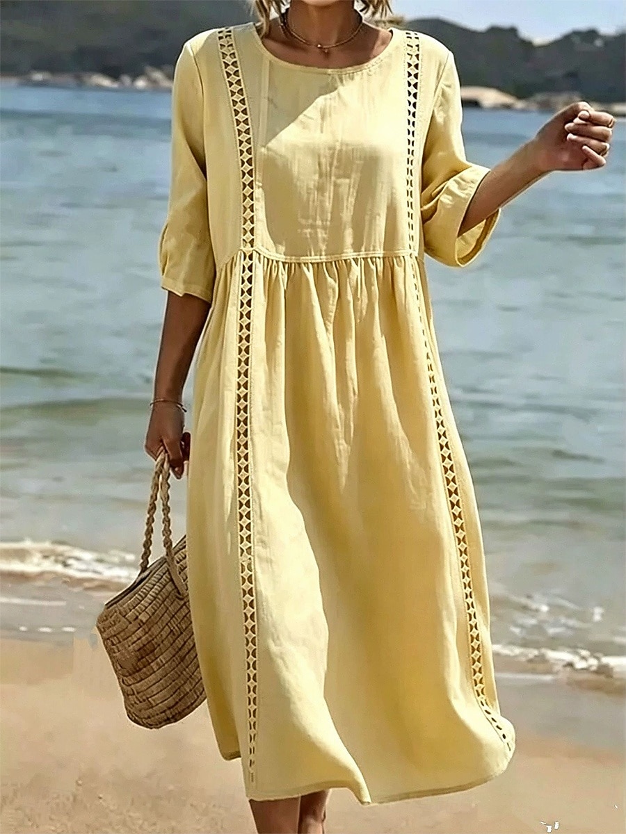 Mujer Vestido Midi Vestido de encaje vestido de playa Vestido informal Vestido de verano Básico Clásico Diario Vacaciones Holgado Plano Media Manga Cuello Barco Blanco Amarillo Verde Trébol Verano 2026 - $29.99 –P1