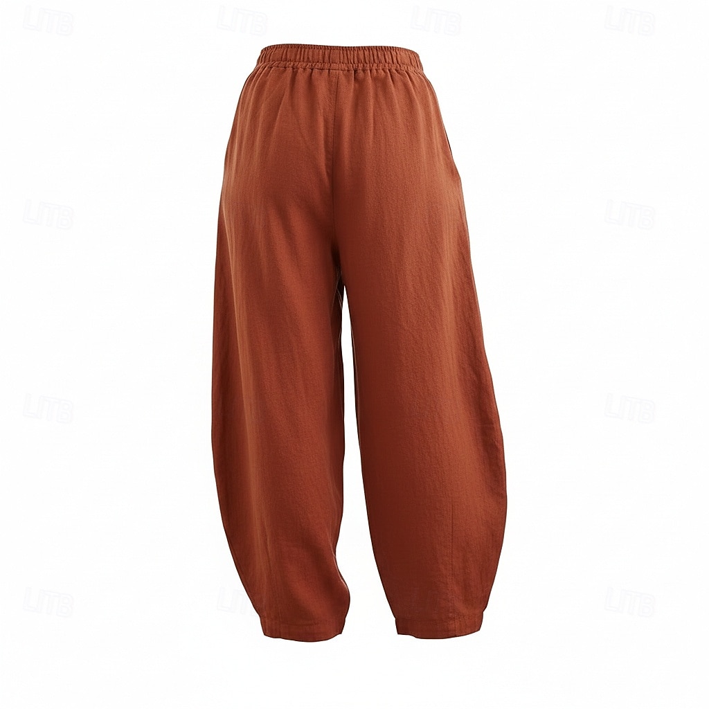 Pantalones bombachos de lino para mujer, cintura media, largo completo, bolsillo, cintura elástica, vacaciones, azul arroz 2026 - $49.99 –P6