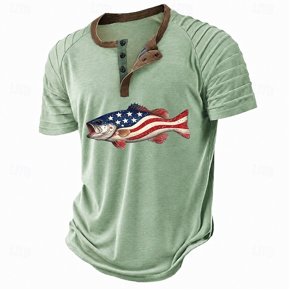 Men's American US Flag Fish Henley Shirt Raglan T Shirt Short Sleeve Fashion Designer Casual Casual Daily Outdoor Summer Blue Gray Green Red Beige Henley Collar Henley Henley T-Shirt 2026 - $16.99 –P5