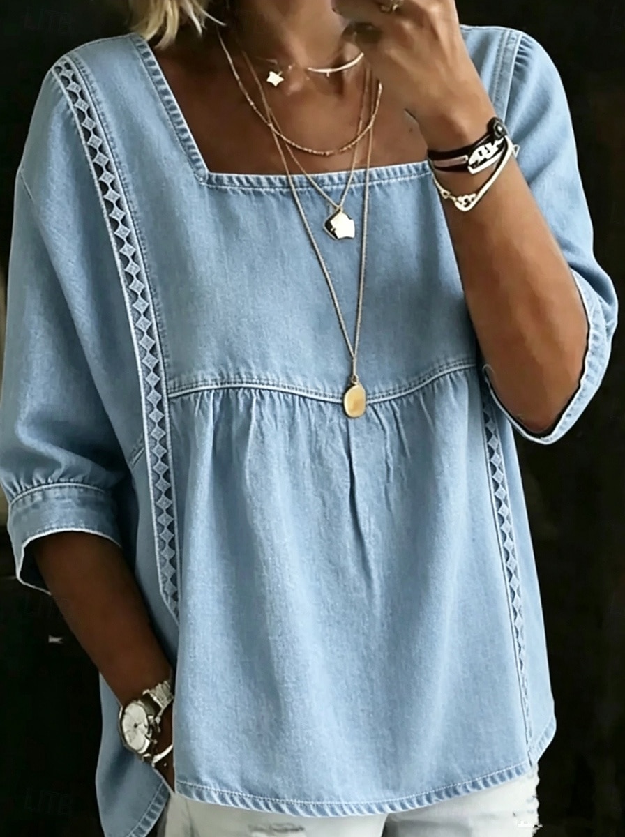 Blusas de encaje y mezclilla para mujer, camisetas, tops vintage de manga corta y cuello cuadrado. 2026 - $28.99 –P2