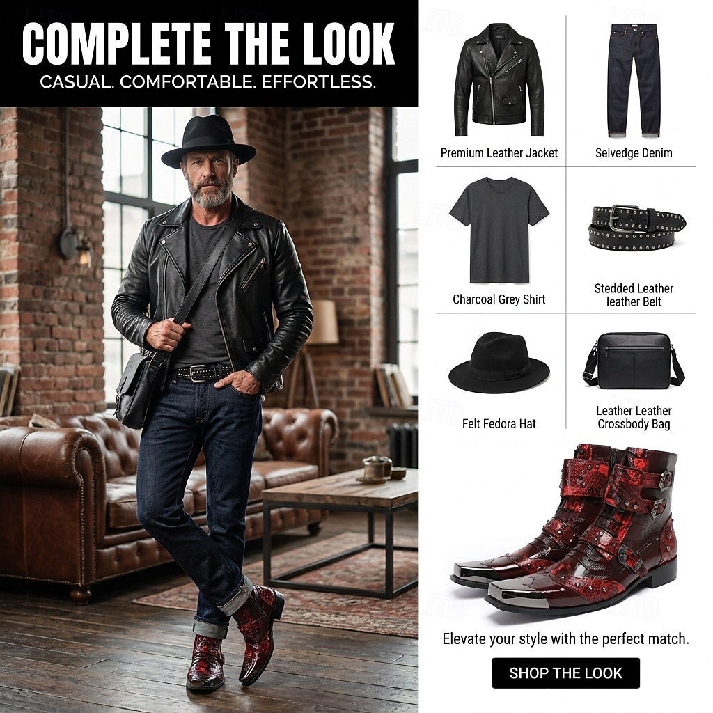Men's Red Western Biker Boots – Exotic Buckle Ankle Boots, Vintage Cowboy Footwear for Motorcycle Riding, Concerts, Music Festivals and Nightlife 2026 - $149.99 –P1