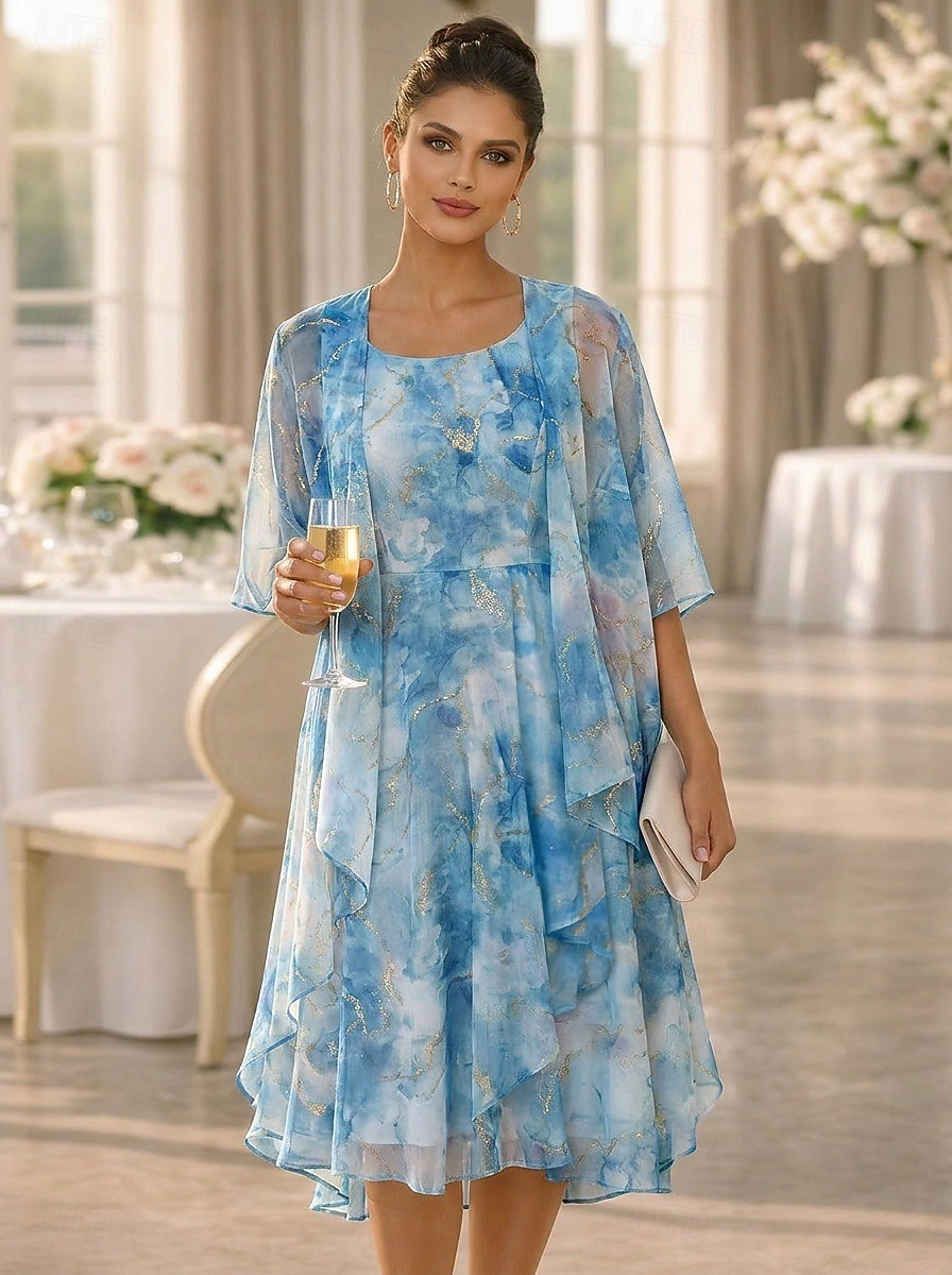 Due Pezzi Linea ad A Lunghezza al ginocchio Abito da invitata a nozze Largo Abito da cerimonia per signora Mezza Manica Scollo Tondo Elegante Semplice Casual Formale Ospite di nozze Ferie Chiffon Con del 2026 a $148.99 –P10