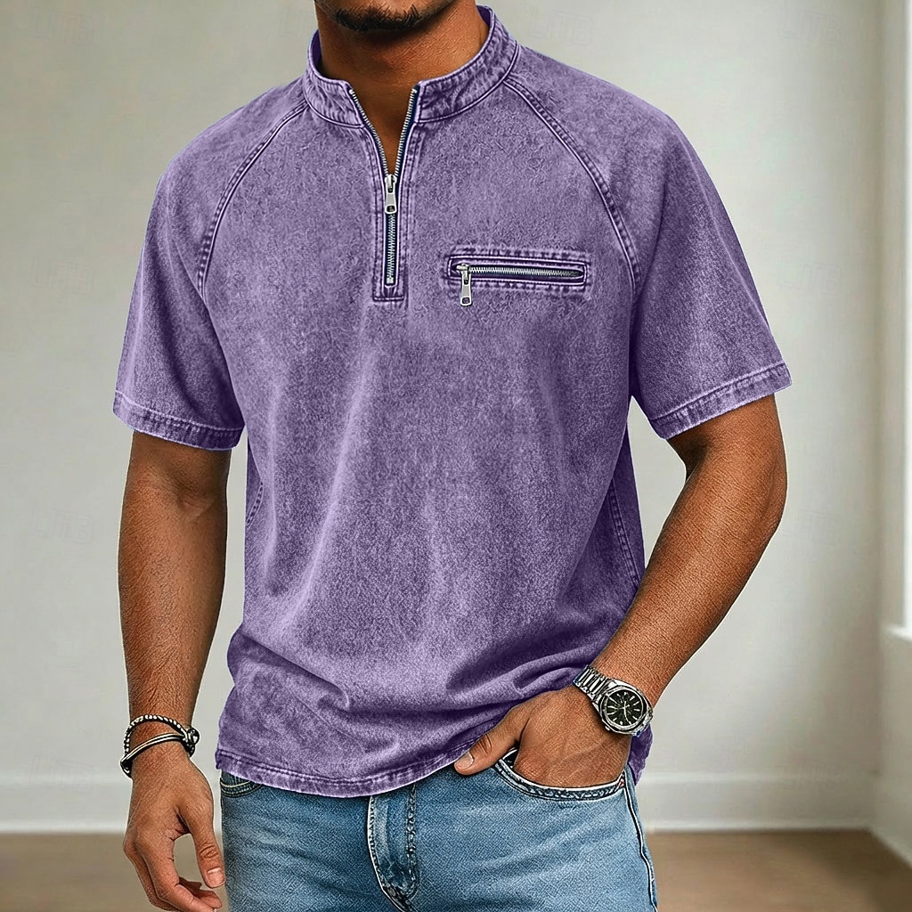 Homme T-shirt Chemise jean Manche Courte Col montant Col mandarin Automne & Hiver Été Printemps Uni ancien Streetwear Occasionnel Lavé Manche raglan Occasionnel Maison Rue Gris Bleu Ciel Pourpre de 2026 ? $32.99 –P2