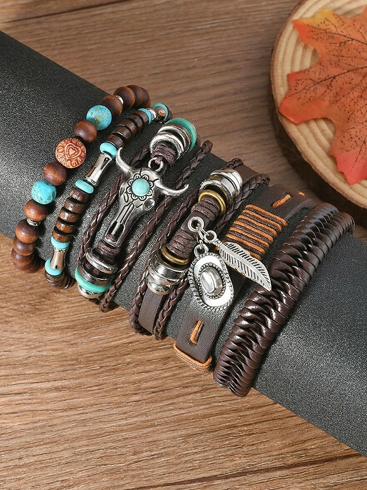 Conjunto de 6 pulseras boho de capas para hombre, con cuentas de madera. &Pulseras de aleación con dije de cabeza de toro y pluma, joyería de estilo occidental para uso casual, viajes, festivales, 2026 - $11.99 –P4