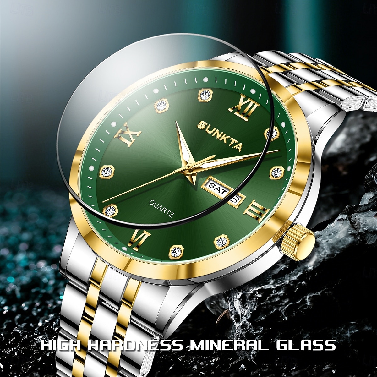 Reloj de negocios de lujo para hombre Sunkta, esfera verde, correa de acero inoxidable bicolor, resistente al agua, movimiento de cuarzo con calendario de día y fecha, números romanos, marcadores de 2026 - $9.99 –P4