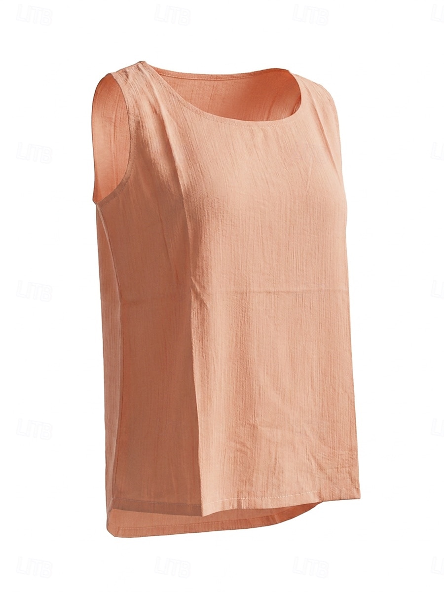 Mujer Chaleco de lino y algodón Frunce Textura Color sólido Vintage Sin Mangas Camiseta con cuello redondo Tops regulares Blanco Negro Verde Claro Rosa Gris Claro Verano Primavera 2026 - $12.99 –P1
