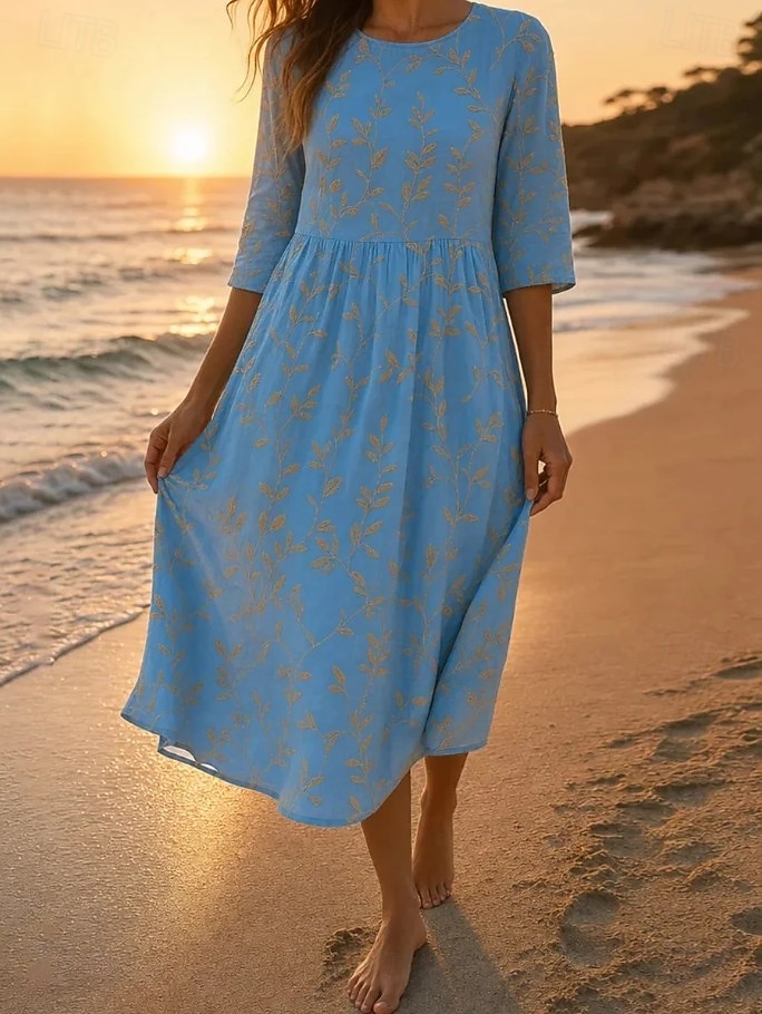 Women's Midi Dress Shift Dress Sundress Vacation Casual Beach Going out Regular Fit Floral Graphic 3/4 Length Sleeve Crewneck Blue Summer Spring 2026 - $37.99 –P1