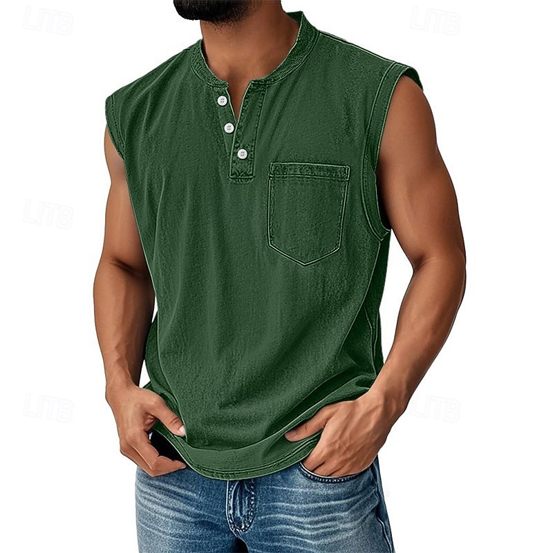 Regata masculina vintage 100% algodão com lavagem ácida, camiseta sem mangas, camiseta regata sem mangas estilo henley, camiseta básica de verão lisa, de grife, com bolsos e botões, para férias, estilo urbano, preta, para homens. de 2026 por $23.99 –P17