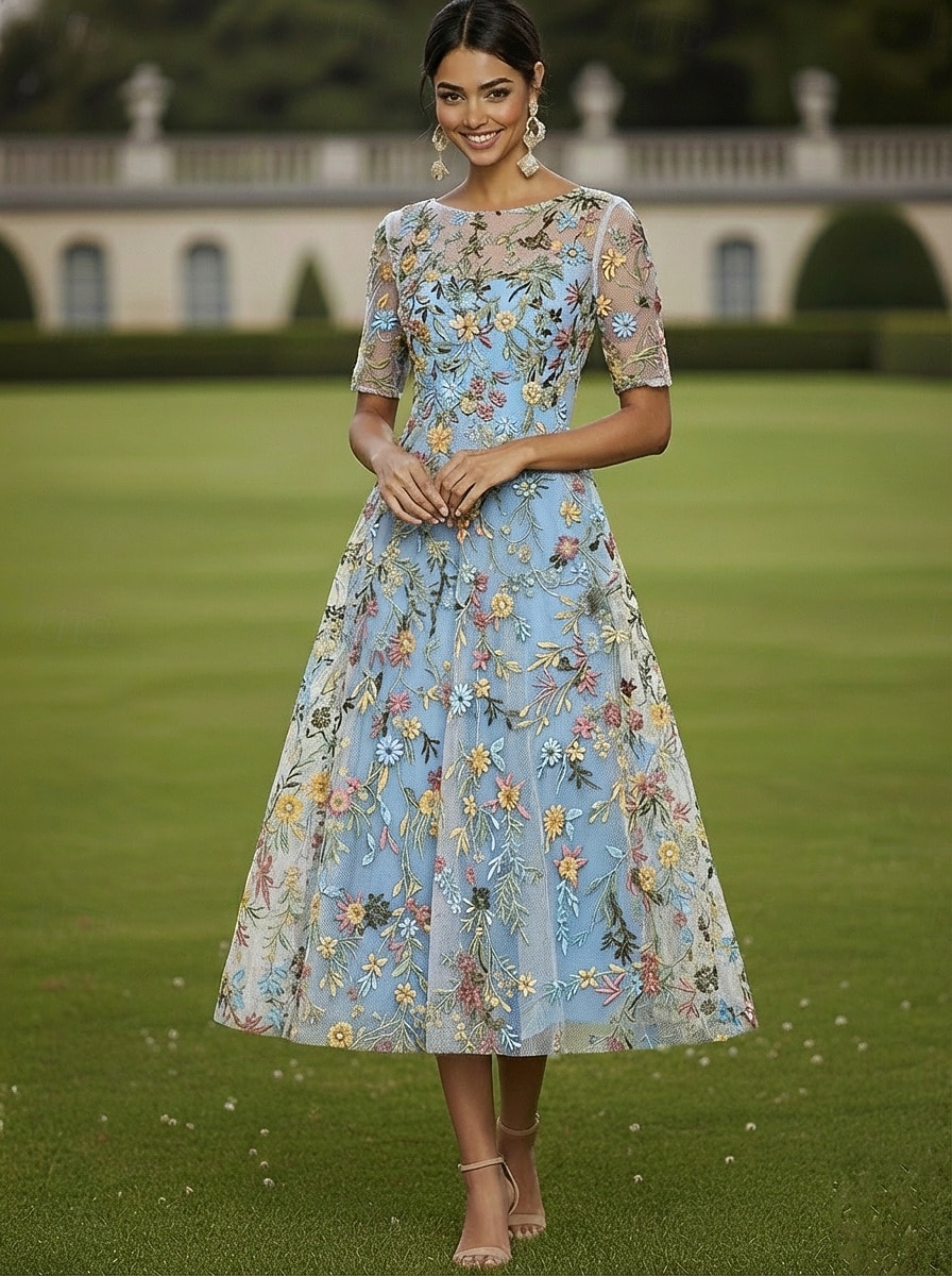 A-linje Kjoler Te-lengde Cocktail Kjole Gjestekjole til bryllup Kjole til brudens mor Halvlange ermer Crew-hals Båthals Elegant Fritid Formell Kentucky Derby Semi-formelt Tyll med Broderi Appliqué 2026 - $171.99 –P5
