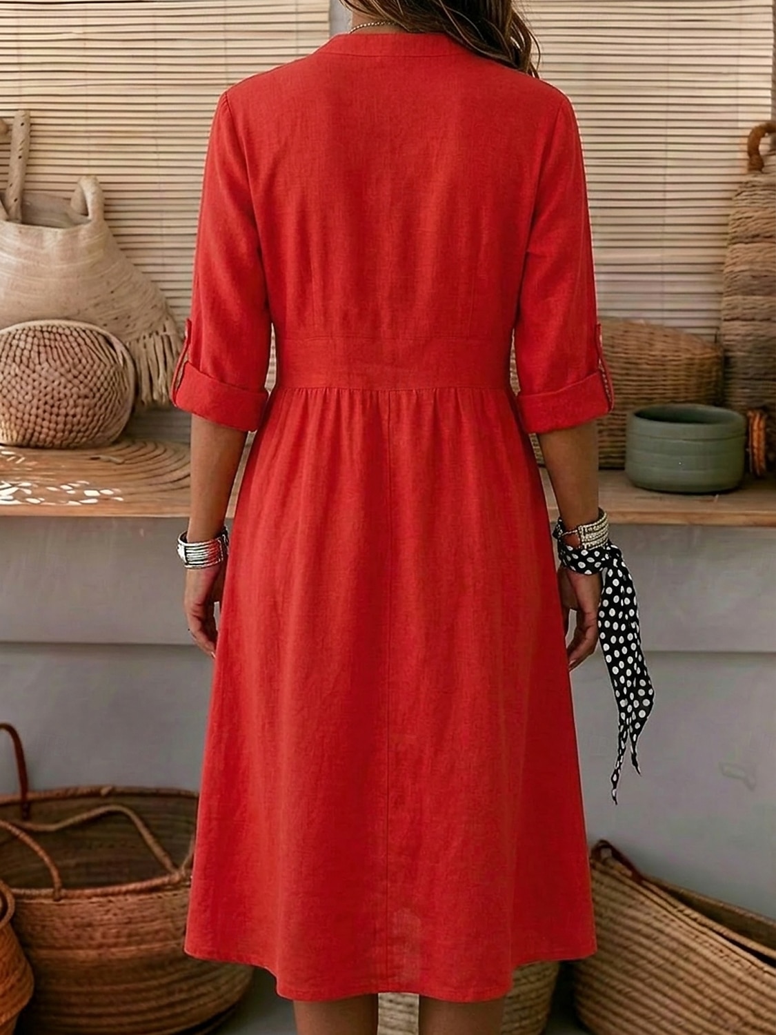 Mujer Vestido hasta la Rodilla Vestidos de lino y algodón Vestido de Camisa Elegante Vacaciones Clásico Diario Oficina Vacaciones Ajuste regular Plano Manga Larga Escote en Pico Rojo Azul Marino 2026 - $35.99 –P6
