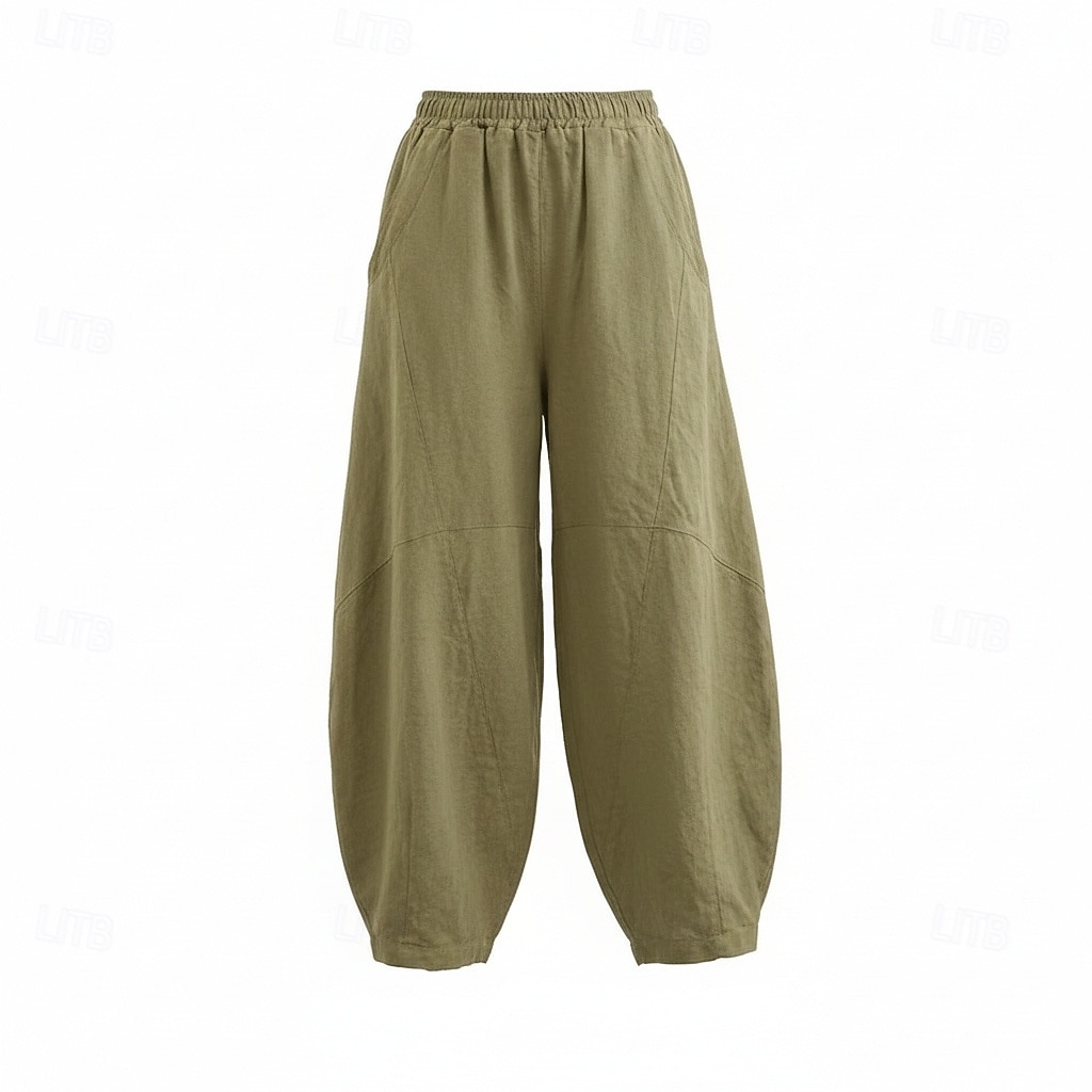 Pantalones bombachos de lino para mujer, cintura media, largo completo, bolsillo, cintura elástica, vacaciones, azul arroz 2026 - $49.99 –P11