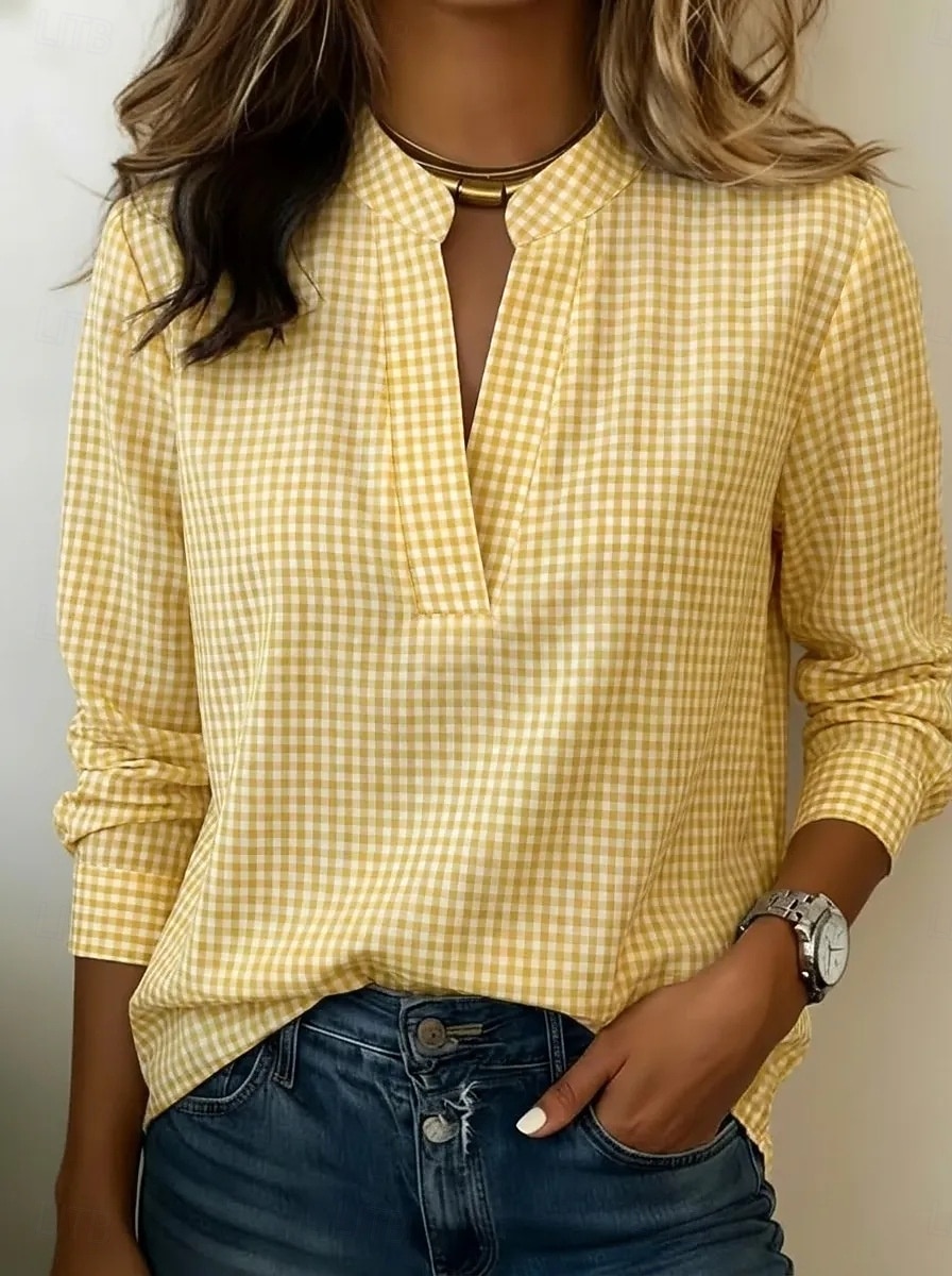 Per donna Camicia Grafico Plaid Vintage Elegante Manica Lunga Collo a V Top Regolari Casuale Quotidiano Ferie Blu Giallo Rosa Estate Primavera del 2026 a $31.99 –P2