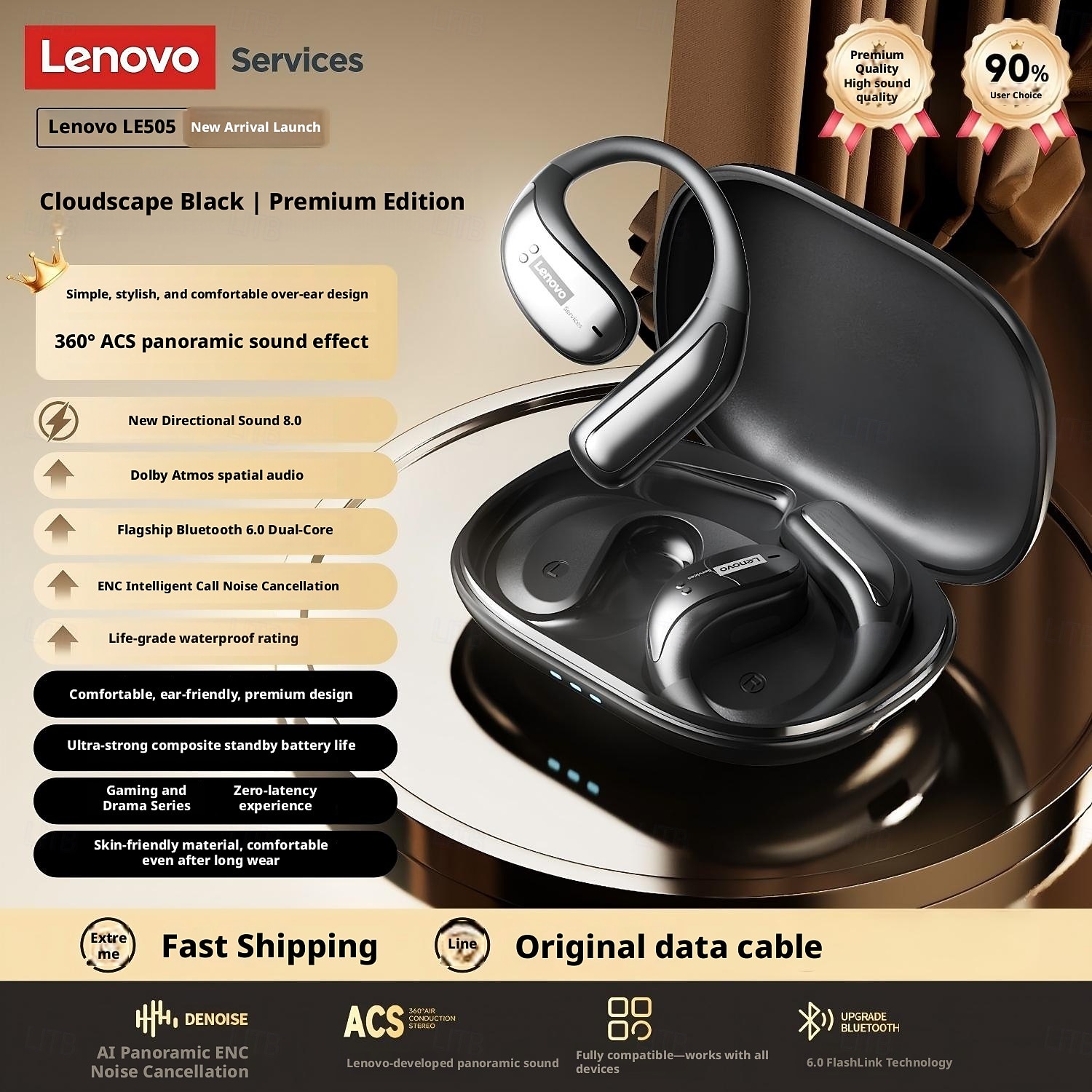 Lenovo LE505 Open Ear Wireless Headphones, Bluetooth 6.0 Air Conduction Earbuds, 360 ACS Panoramic Sound & Dolby Atmos, ENC Noise Canceling Mic, Waterproof Sport Earphones for Android iOS 2026 - $38.99 –P2