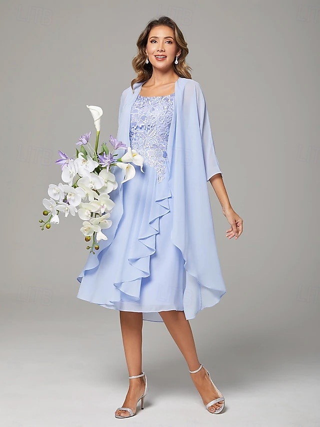 Due Pezzi Linea ad A Lunghezza al ginocchio Abito da invitata a nozze Abito da cerimonia per signora Senza Maniche Collo a U Elegante Ospite di nozze Ricevimento di matrimonio Chiffon Pizzo Abiti con del 2026 a $172.99 –P4