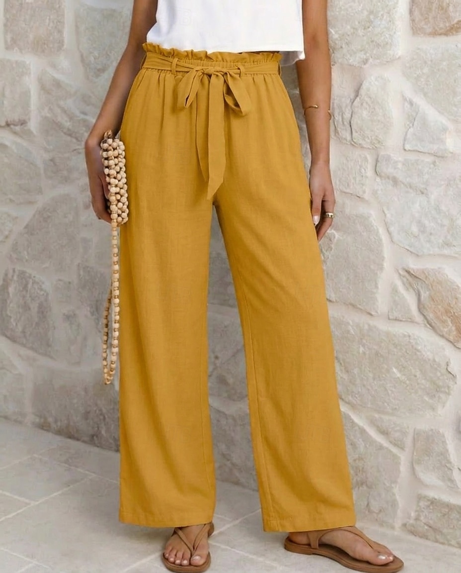 Women's Wide Leg Vacation Lounge Pants Long High Waist Plain Tie Comfortable Micro-elastic Vacation Black Yellow Pink Blue Summer Spring Loose Fit 2026 - $34.99 –P1