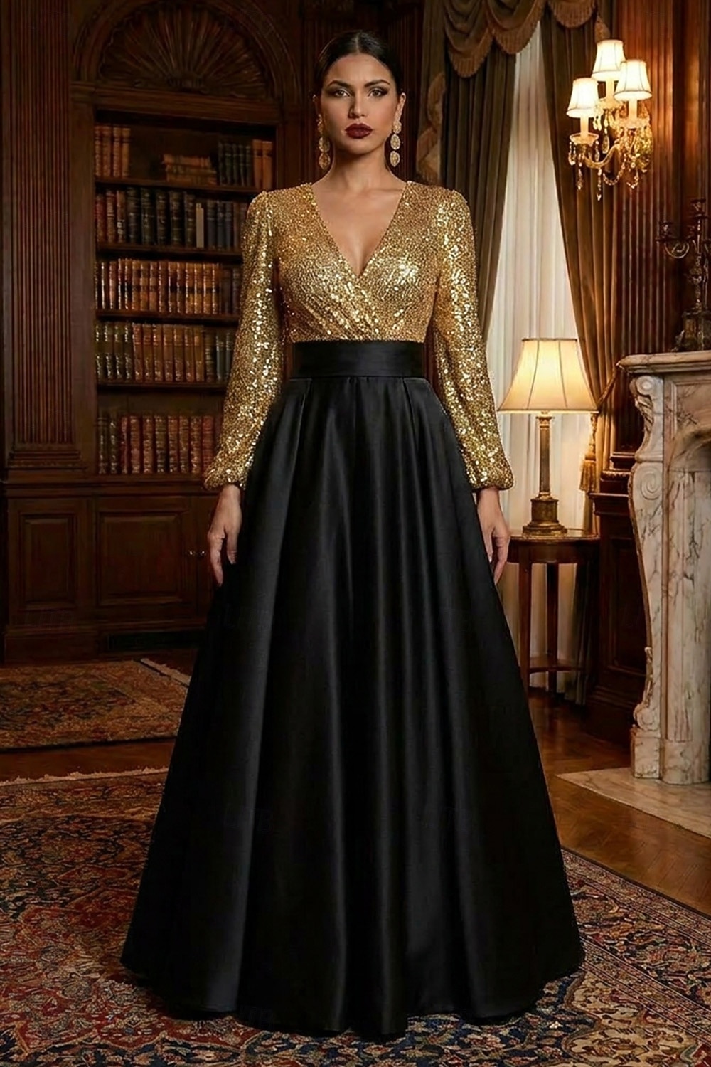 Linea ad A Lunghezza al pavimento Abito da Sera Da principessa Abito formale Elegante Scintillante Setoso Manica Lunga Scollo a V Matrimonio Formale Tasca Raso Con Paillettes con Glitter Pieghe Tasca del 2026 a $65.99 –P10