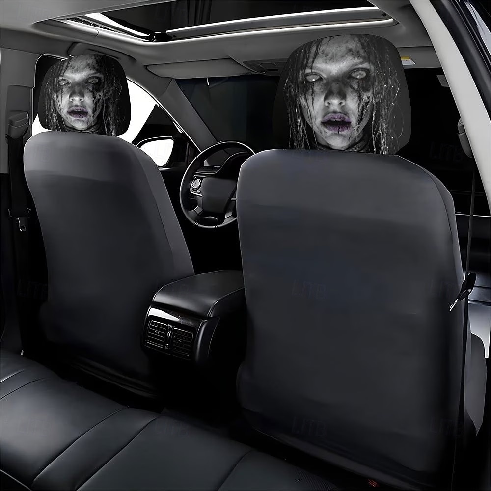 Fundas para reposacabezas de coche con diseño de fantasma con pelo mojado (2/4 unidades), fundas protectoras de reposacabezas de asiento con diseño de terror para Halloween, impresión plana 2D, ajuste 2026 - $16.99 –P2