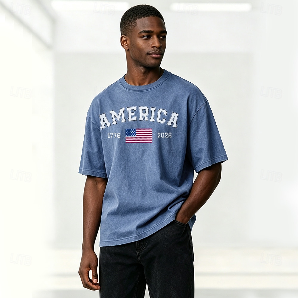 4th of July 2026 250th Men's American Flag 1776 Acid Wash Shirt Heavyweight T-shirt Short Sleeve T shirt DTG Crew Neck Shirt Patriotic Street Holiday Blue Black Army Green Spring & Summer Clothing 2026 - $27.99 –P6