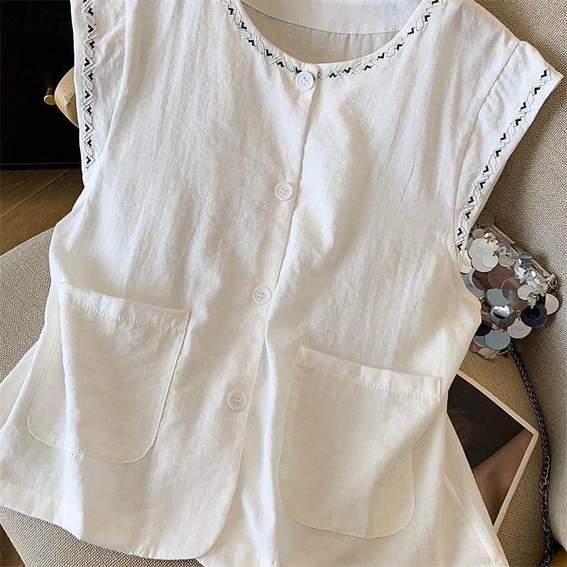 Mujer Chaleco de lino y algodón Camisa de verano Bordado Vintage Sin Mangas Cuello Barco Tops largos Casual Blanco Amarillo Azul Marino Verano Primavera 2026 - $21.99 –P6