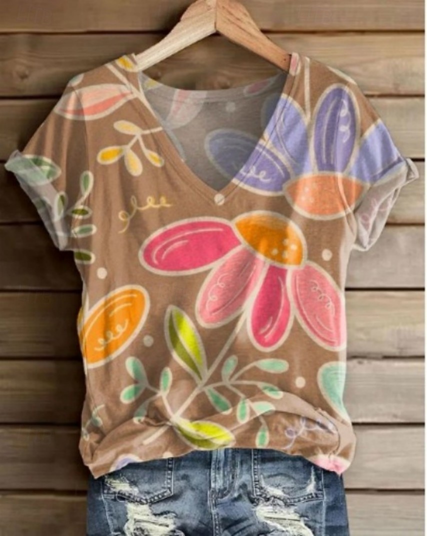 Per donna Maglietta Stampato Floreale Grafico Piante Essenziale Manica Corta Scollo a V Top Regolari Casuale Weekend Rosa Rosso Arcobaleno Estate Primavera Autunno Inverno del 2026 a $21.99 –P3