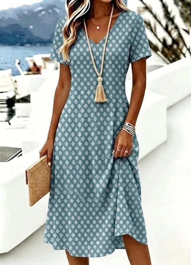 Per donna Abito Midi Abito a trapezio Vacanza Casual Boho Quotidiano Vestibilità regolare Grafico Geometrico Manica Corta Scollo a V Blu Rosa Estate Primavera del 2026 a $21.99 –P1