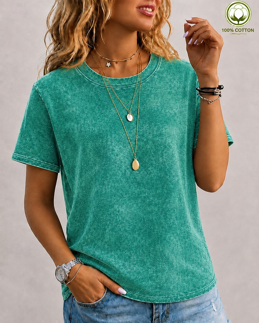 softfade™ dames T-shirt van 100% katoen, vintage gewassen model, korte mouwen, ronde hals, lange mouwen, casual, blauw, zwart, lichtgroen 2026 - $31.99 –P11