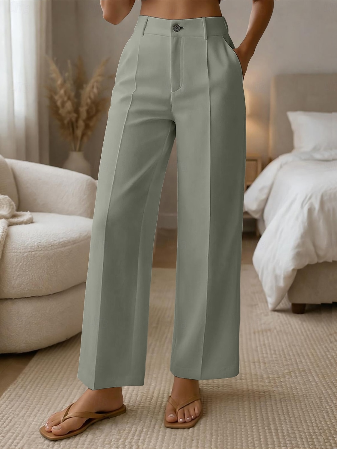 Mulheres Perna larga Calças Social Calça casual Moda Roupa de rua Básico Comprimento total Cintura Alta Tecido Bolsos Cintura elástica Confortável Sem Elasticidade Diário Escritório Férias Verde de 2026 por $10.99 –P12