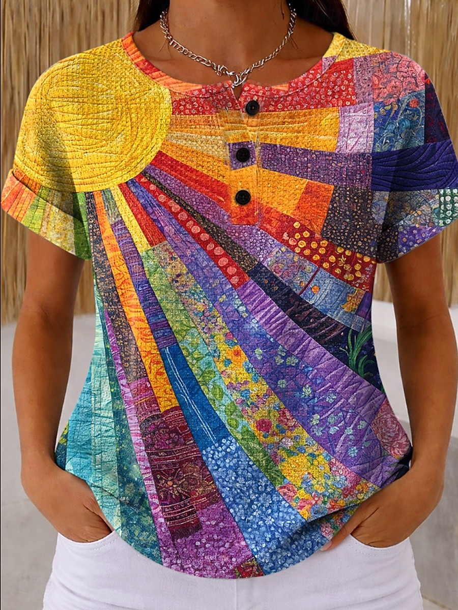 T-shirt en gaufre pour femmes impression graphique géométrique vintage élégant classique à manches courtes col rond hauts réguliers quotidiens noir et blanc noir blanc jaune rouge été printemps de 2026 ? $21.99 –P8