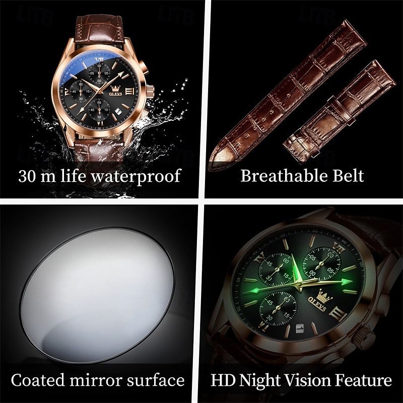 OLEVS Men's Luxury Watch Black Leather Strap Chronograph Waterproof Luminous Analog Quartz Wristwatch with Date Business Fashion Dress Watches for Men Gifts 2026 - $42.99 –P7