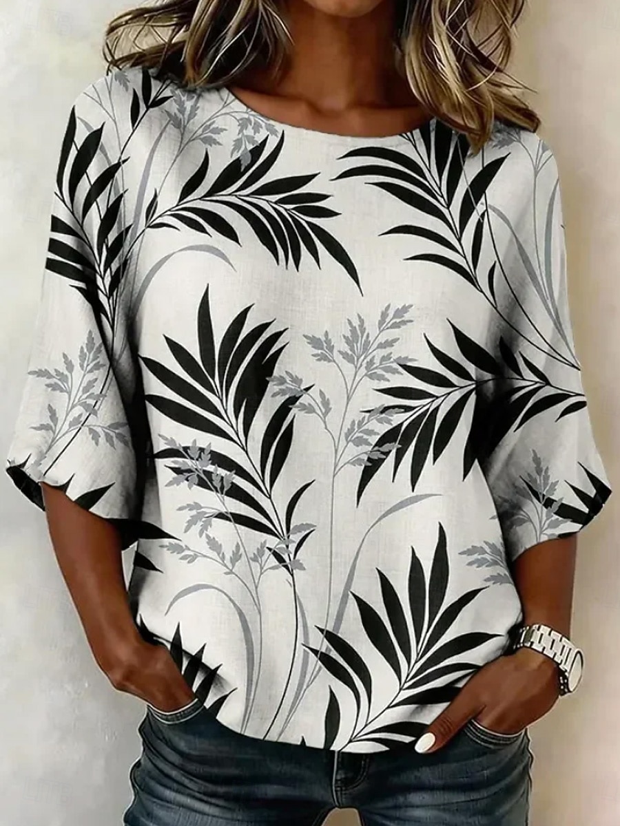 Women's Blouse Print Floral Graphic Plants Bohemia Tropical Stylish 3/4 Length Sleeve Crew Neck Regular Tops Casual Daily Vacation Wear Black Pink Summer Spring 2026 - $28.99 –P1