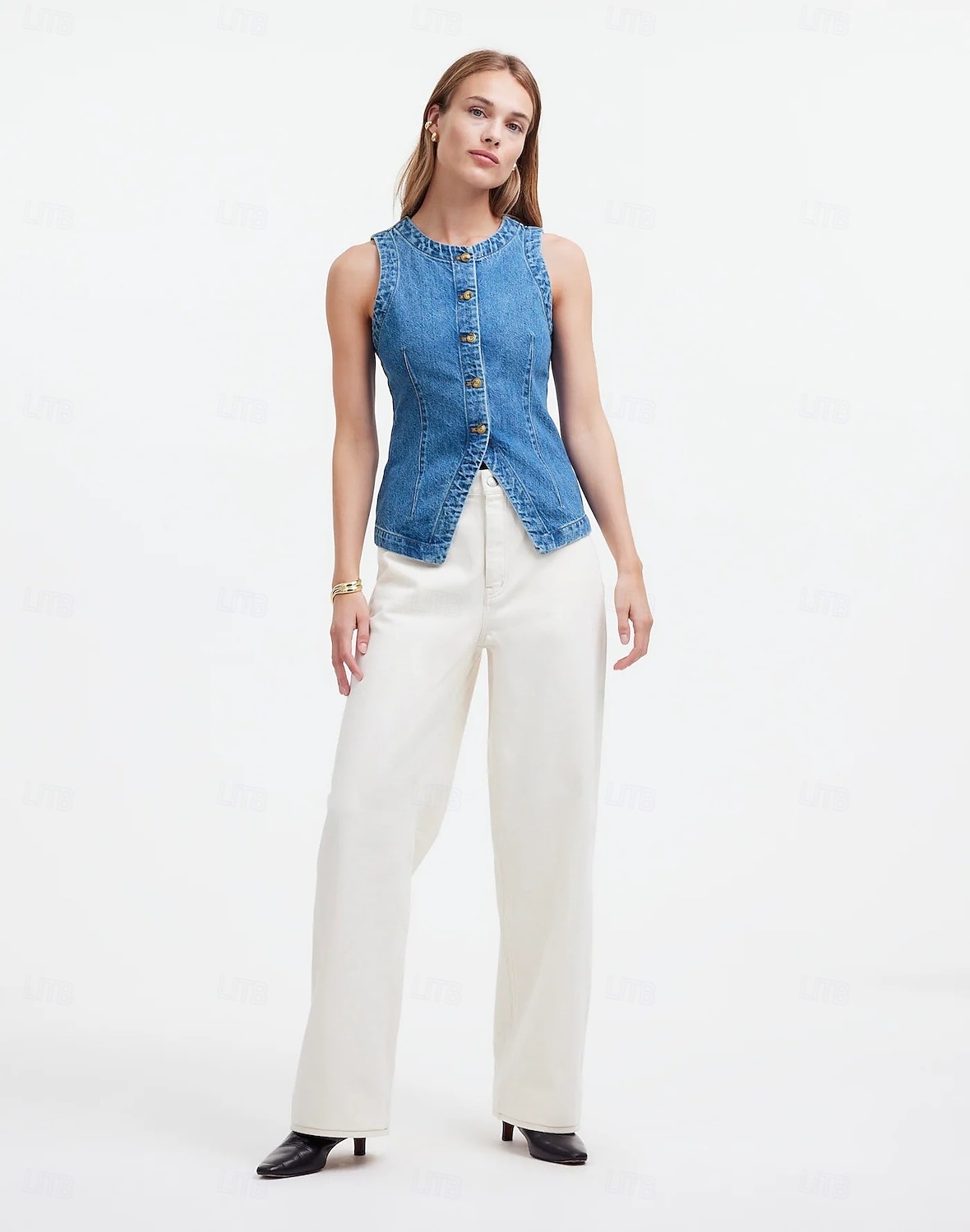 Women's Tank Top Tee Top denim-look Buttons Solid Color Vintage Fashion Sleeveless Sleeveless Crew Neck Regular Tops Casual Daily Blue Summer Spring 2026 - $39.99 –P11