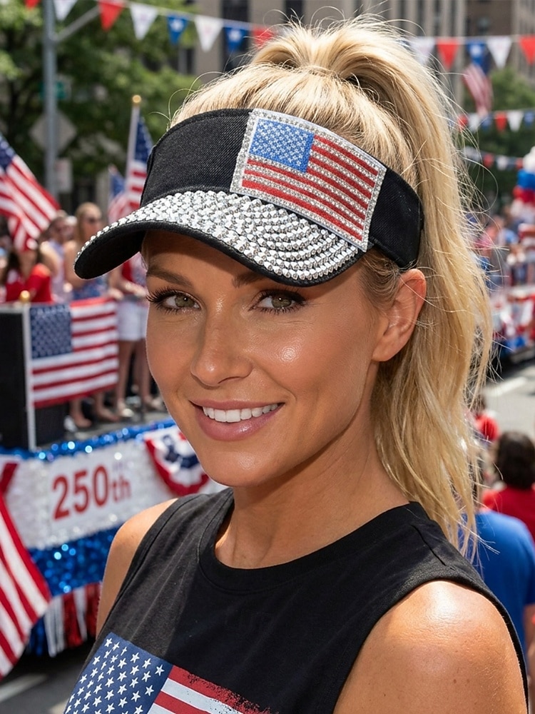 Cappello da donna con visiera patriottica e strass, in poliestere, regolabile, con parte superiore aperta, berretto estivo multicolore con bandiera americana per il 4 luglio, il giorno del 2026 a $11.99 –P3
