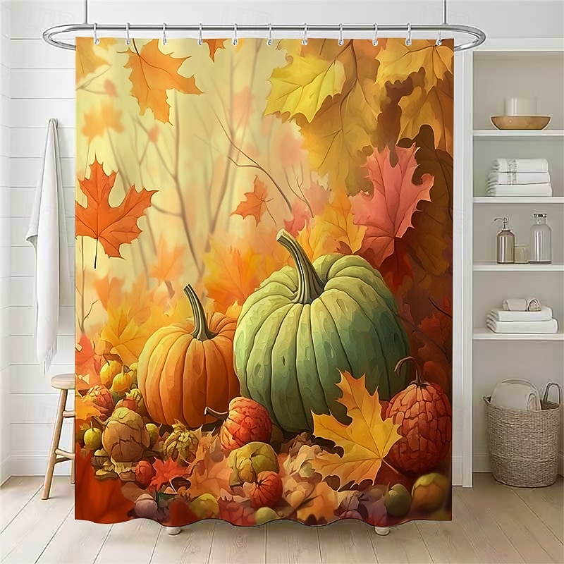 Autumn Harvest Festival Pumpkin Leaf Printed Shower Curtain, Waterproof Fabric Bathroom Decor with 12 Plastic Hooks, Machine Washable 2026 - $26.99 –P1