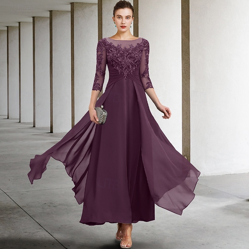 A-Line Ankle Length Party Dress Cocktail Dress Wedding Guest Dress Mother of the Bride Dress 3/4 Length Sleeve Jewel Neck Elegant Plus Size Wedding Guest Wedding Party Chiffon Lace with Ruched Sequin 2026 - $195.99 –P4