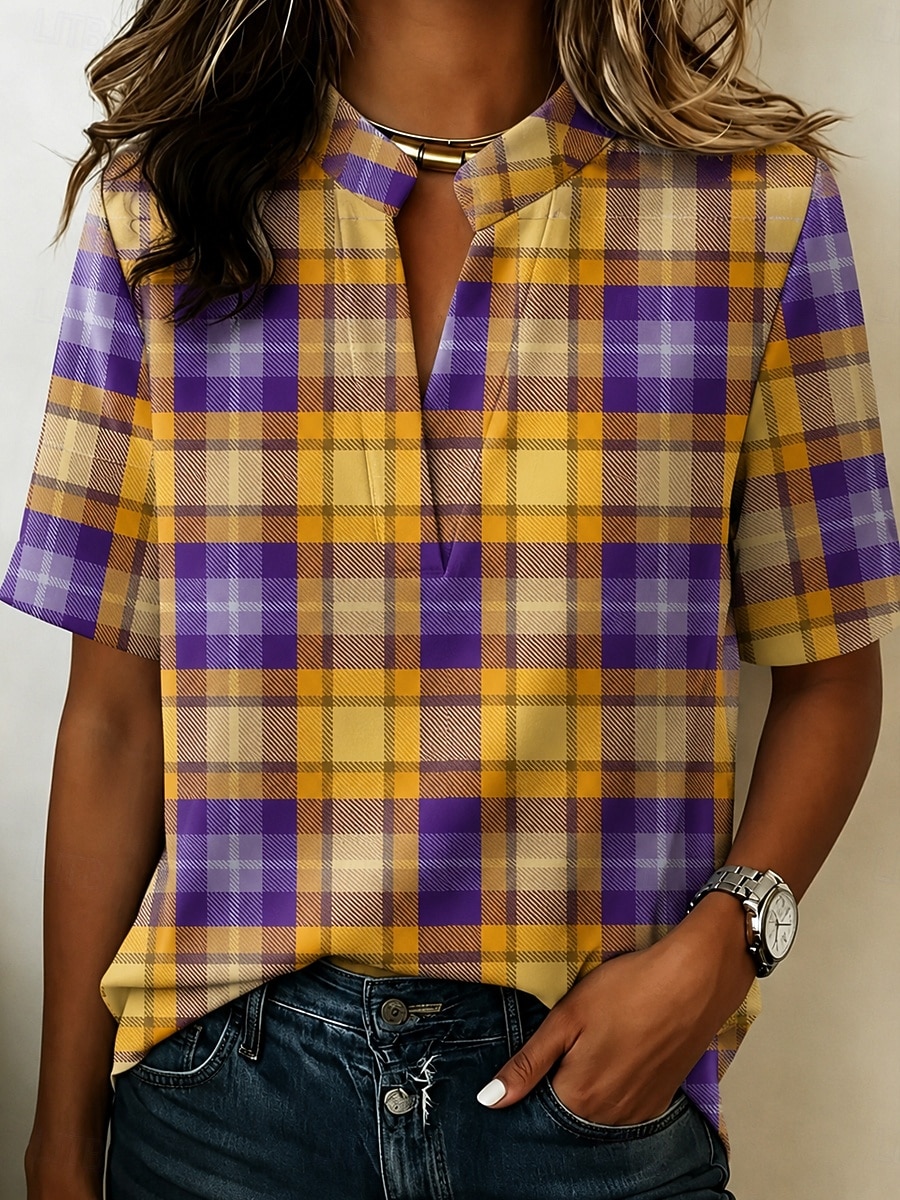 Women's Blouse Buttons Print Graphic Plaid Vintage Stylish Modern Half Sleeve Shirt Collar Regular Tops Casual Daily Yellow Green Summer Spring 2026 - $21.99 –P2