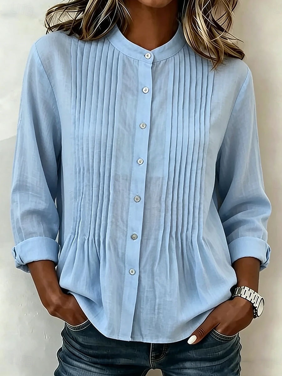 Damen Bluse Einfarbig Vintage Stilvoll Basic Langarm Mandarinkragen Normale Oberteile Lässig Täglich Blau Schwarz Weiß Purpur Sommer Frühling 2026 - $33.99 –P2