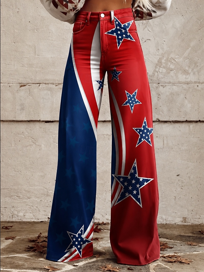 Retrò Vintage Anni '70 Patriotico Pantaloni Pantaloni a gamba larga Hippie Disco Vita alta Stelle Bandiera USA Stile jeans finti Costume Per donna 4 Luglio Festa dell'Indipendenza del Messico del 2026 a $32.99 –P3