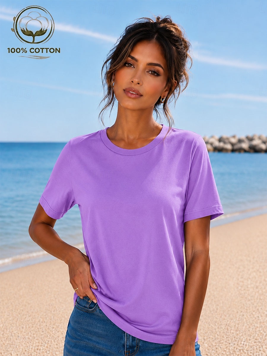 Women's T Shirt Summer Tops Cotton Shirt Tee Top Solid Color Fashion Stylish Basic Short Sleeve Crew Neck Round Neck Regular Tops Casual Daily Beach Blue Khaki Indigo Green with beige Black Summer 2026 - $19.99 –P14